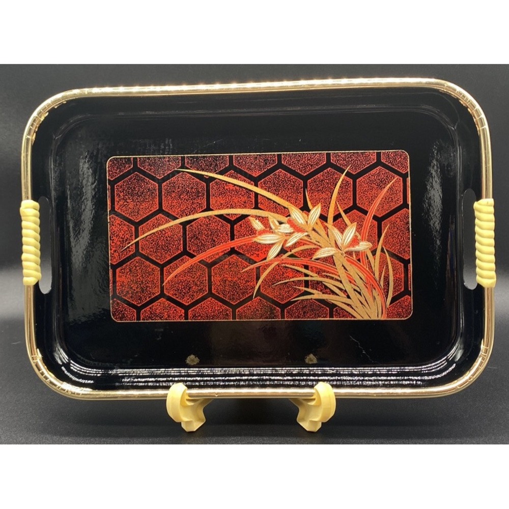 Vintage Lacquerware Tray 1984 Himark Japan Nisha Garden Honeycomb Black Red Oran
